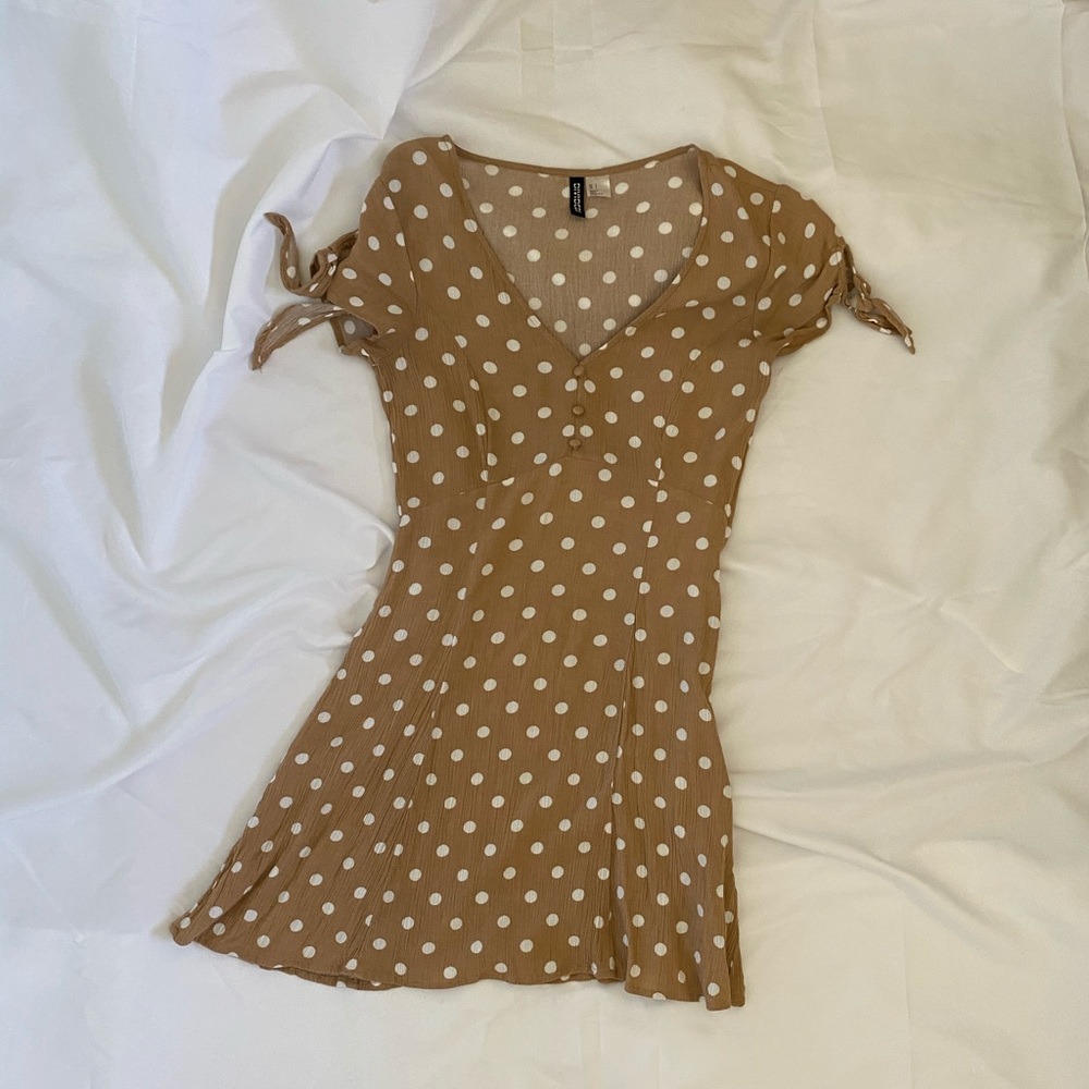 tan polka dot mini dress